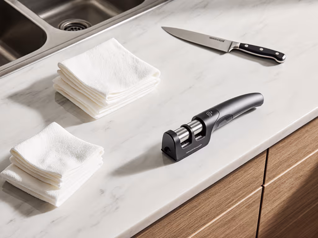 kitchen_counter_setup_with_paper_towels_and_knife_sharpener