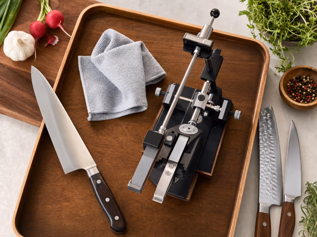 compact_guided_knife_sharpening_station_on_a_kitchen_tray
