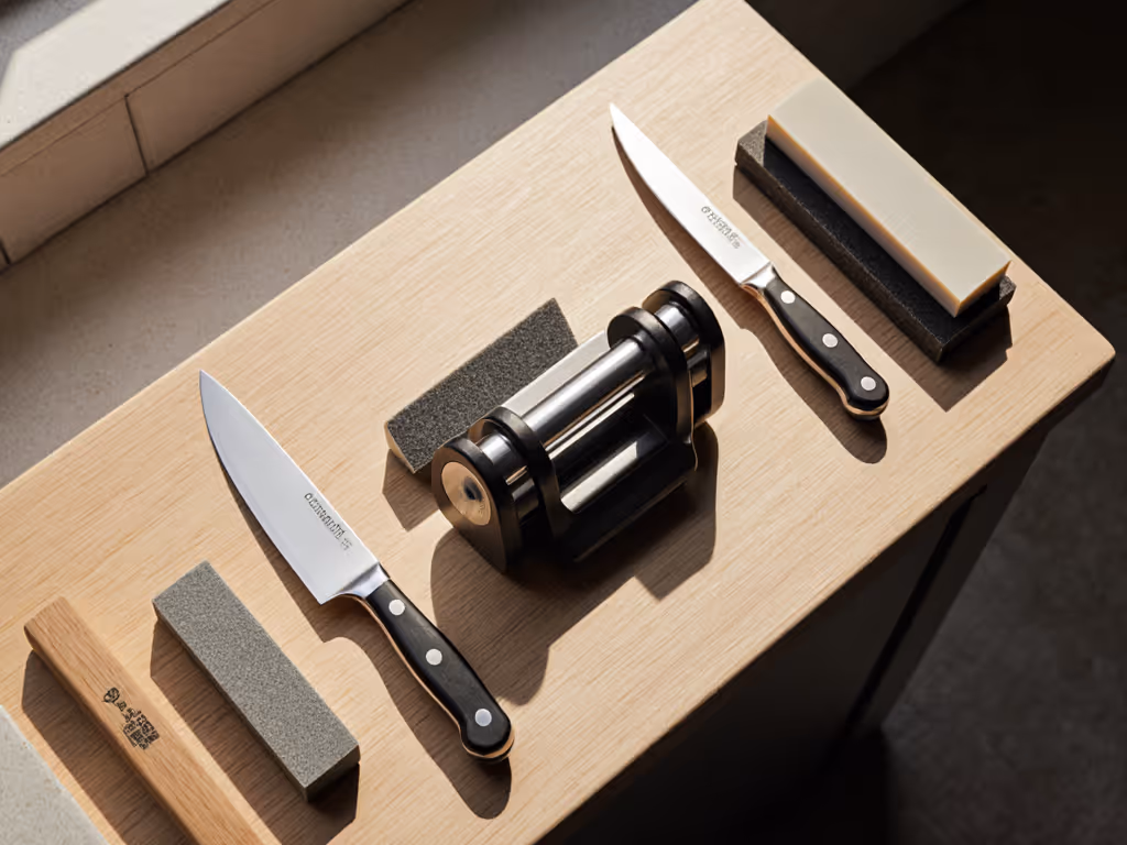 kitchen knife sharpening setup on small counter